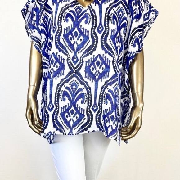 Chico's Ikat Poncho Linen White/Blue - Picture 5 of 8